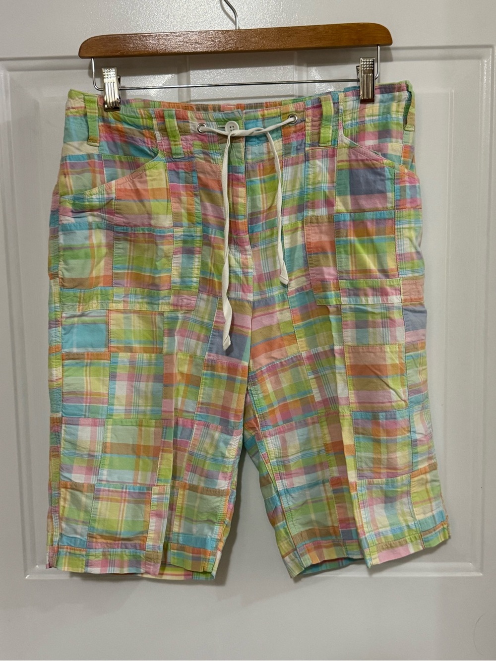 Jones New York Sport Patchwork Madras Plaid Bermuda Shorts Drawstring